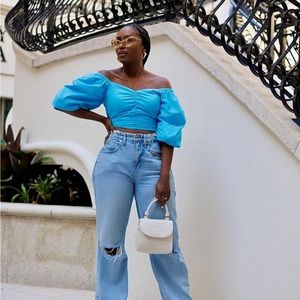 The Drop Women's Cyan Blue Puff Sleeve Sweetheart Top by @tenickab